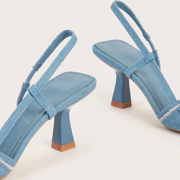 Blue Denim Embellished Sling Back Heels Pumps Shoes - Picture 4 of 4